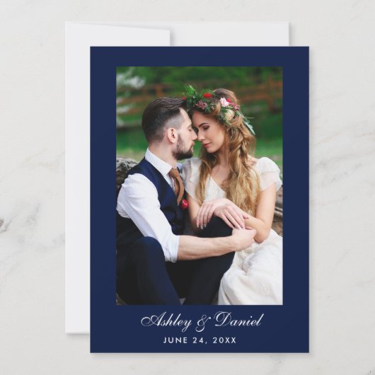 のバ結婚ルグンディエレガントフローラ金ゴールド青い写真 招待状 (裏面)