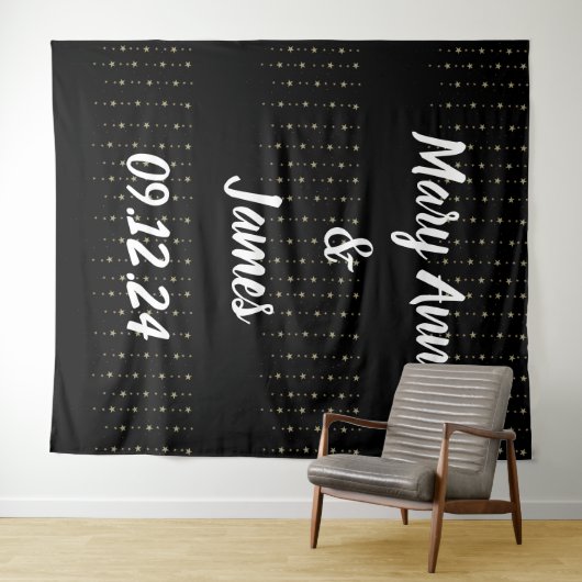 のパーソナライズされたバック結婚バックの黒い金ゴールドライト タペストリー (インサイチュ(横))