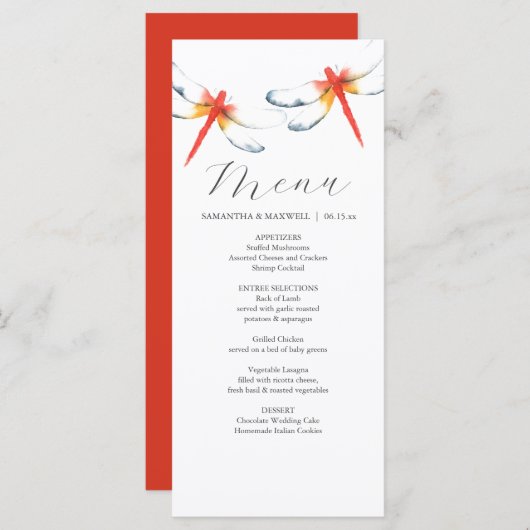 のパーソナライズされたメ結婚ニュー・カード赤いトンボ メニュー (正面/裏面)
