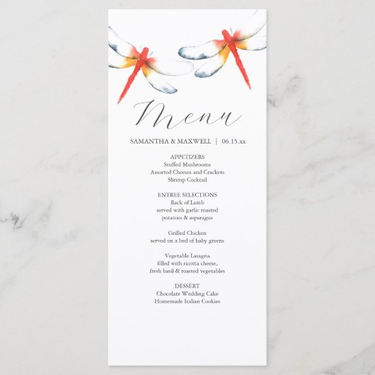 のパーソナライズされたメ結婚ニュー・カード赤いトンボ メニュー (正面)