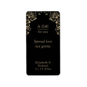 のパーソナライズされた黒結婚金ゴールドハンドサニタイザー ラベル (正面)