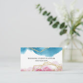 *~*のビーチの抽象芸術のピンクの青い金ゴールドのグリッターの多角形 名刺 (スタンド正面)