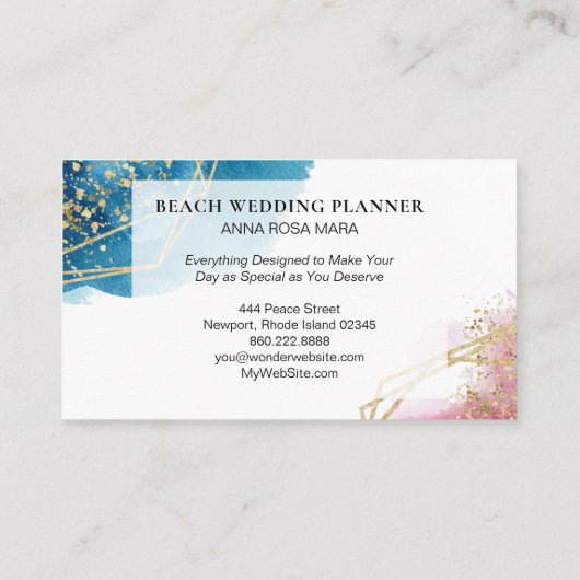 *~*のビーチの抽象芸術の青いピンクの金ゴールドのグリッターの多角形 名刺 (裏面)