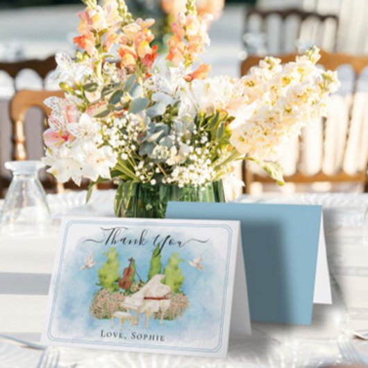 のピアノ結婚ヴァイオリンの花はサンキューカードを持つ サンキューカード