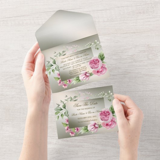 のピンク結婚のフローラフレーム水色光沢のあるブロンズ オールインワン招待状 (貼ってはがせる)