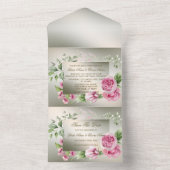のピンク結婚のフローラフレーム水色光沢のあるブロンズ オールインワン招待状 (内側)