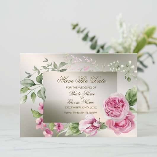 のピンク結婚のフローラフレーム水色光沢のあるブロンズ セーブザデート (スタンド正面)