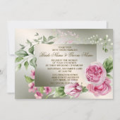 のピンク結婚のフローラフレーム水色光沢のあるブロンズ 招待状 (正面)