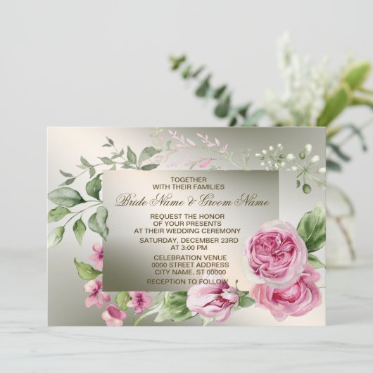 のピンク結婚のフローラフレーム水色光沢のあるブロンズ 招待状 (スタンド正面)
