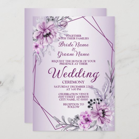 のピンク結婚のフローラ紫の枠 招待状 (正面/裏面)