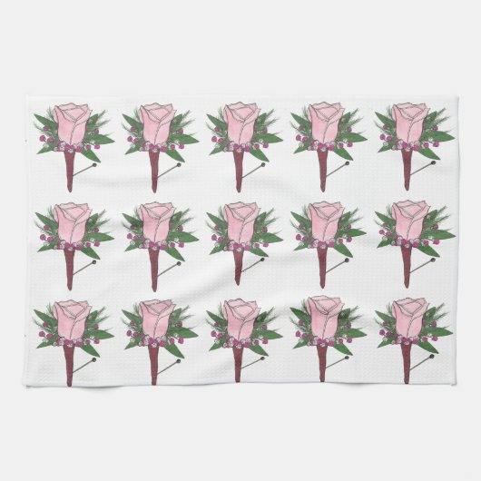 のピンク結婚のローズブトニエールブーケフローラ新郎 キッチンタオル (横)