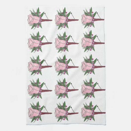 のピンク結婚のローズブトニエールブーケフローラ新郎 キッチンタオル (縦)