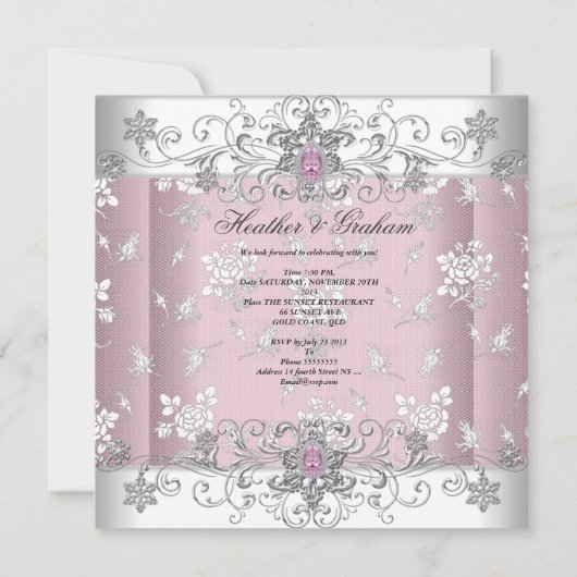 のピンク結婚の銀白色ダイヤモンドジュエルレース 招待状 (裏面)