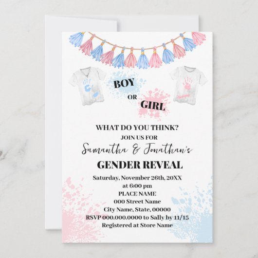 のピンク絵を描またはブルーの性別が赤ちゃんのシャワーを明らかにする 招待状 (正面)