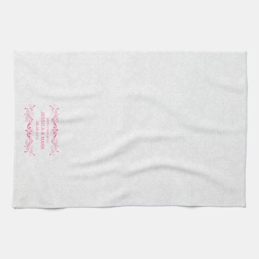 のフローラ結婚ピンクレースのホワイトダマスク キッチンタオル (横)