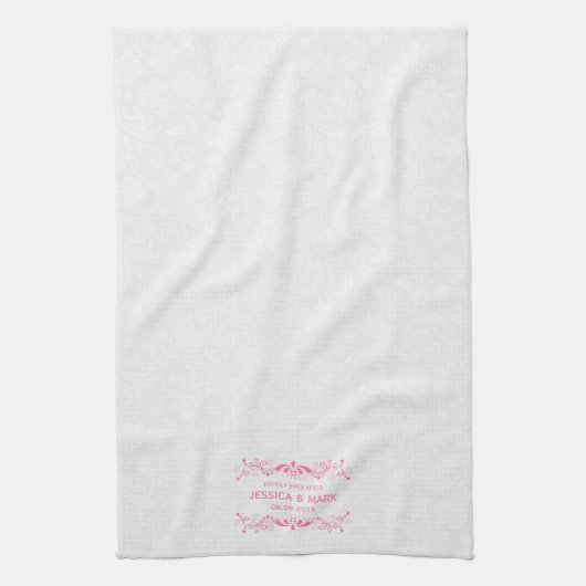 のフローラ結婚ピンクレースのホワイトダマスク キッチンタオル (縦)