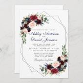 のフローラ結婚ブルゴーニュブルー幾何学銀 招待状 (正面/裏面)