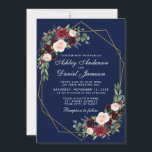 のフローラ結婚ブルゴーニュ青の幾何学的金ゴールドフレーム 招待状<br><div class="desc">水の色モダンフローラブルゴーニュ青金ゴールド幾何学的フレーム結婚式招待状 – 白い背面</div>