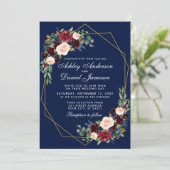 のフローラ結婚ブルーブルゴーニュ幾何学的金ゴールドフレーム 招待状 (スタンド正面)