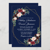 のフローラ結婚ブルーブルゴーニュ幾何学的金ゴールドフレーム 招待状 (正面/裏面)