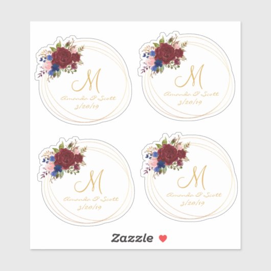 のフローラ結婚モノグラムブルゴーニュ海軍金ゴールドフレーム シール (シート)