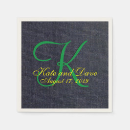 のブルー結婚ジーンフェイクデニム布モノグラム スタンダードカクテルナプキン