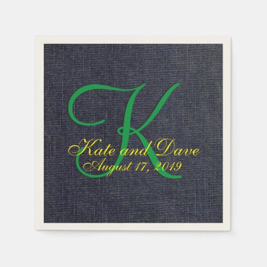 のブルー結婚ジーンフェイクデニム布モノグラム スタンダードカクテルナプキン (正面)