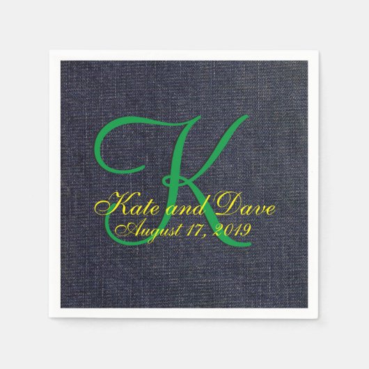 のブルー結婚ジーンフェイクデニム布モノグラム スタンダードカクテルナプキン (正面)