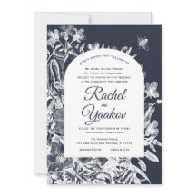 のヘブル結婚ヴィンテージフローラネイビーホワイトウッドカット