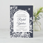 のヘブル結婚ヴィンテージフローラネイビーホワイトウッドカット 招待状 (スタンド正面)