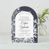 のヘブル結婚ヴィンテージフローラネイビーホワイトウッドカット 招待状 (スタンド正面)