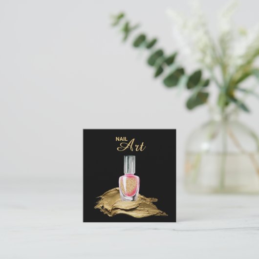 *~*のボトルの金ゴールドのグリッターはマニキュアの芸術をなでます スクエア名刺 (スタンド正面)