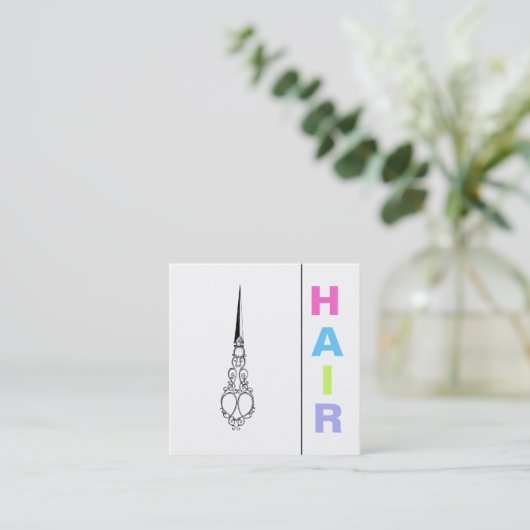 *~*のミニマルなはっきりしたな毛のパステルのはさみのシンプル スクエア名刺 (スタンド正面)