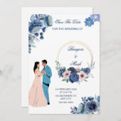 のミニマルカップルと結婚青いフローラ 招待状 (正面/裏面)