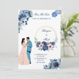 のミニマルカップルと結婚青いフローラ 招待状