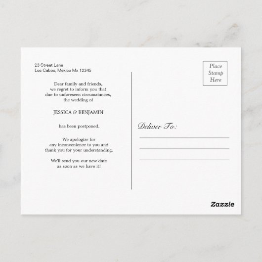 のミニマル延期結婚期日の変更 ポストカード (裏面)