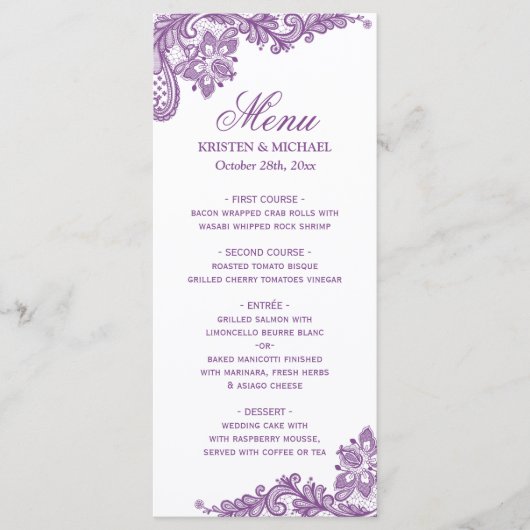 のメニュ結婚ーエレガントラベンダーパープルレースパターン メニュー (正面)