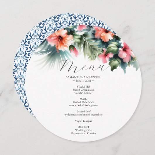 のメニュ結婚ーカードウォーターカラーハイビスカスフラワー メニュー (正面/裏面)