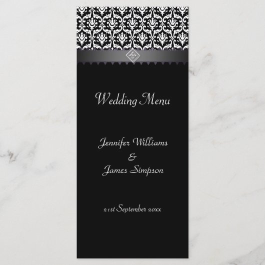 のメニュ結婚ーテンプレート白黒ダマスク メニュー (正面)