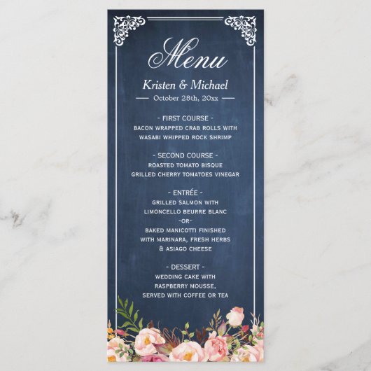 のメニュ結婚ーフローラ素朴ヴィンテージブルーシャルボード メニュー (正面)