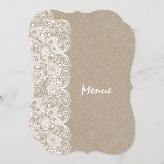 のメニュ結婚ーベージュリネンホワイトヴィンテージレース メニュー (正面/裏面)