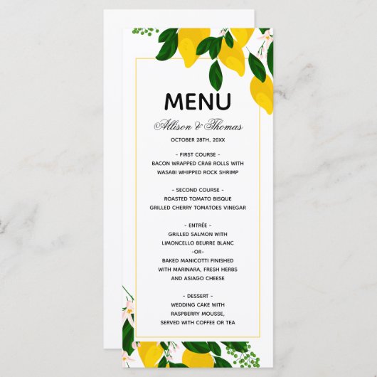 のメニュ結婚ーレモンイエロー結婚式招待状 メニュー (正面/裏面)