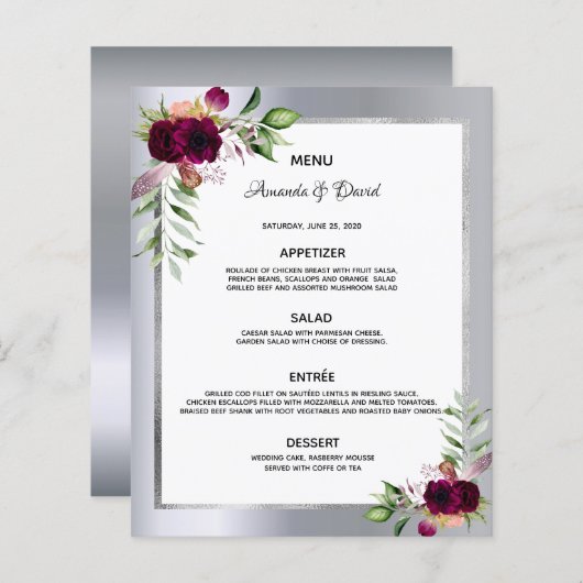 のメニュ結婚ー花模様ブルゴーニュ銀エレガント (正面/裏面)