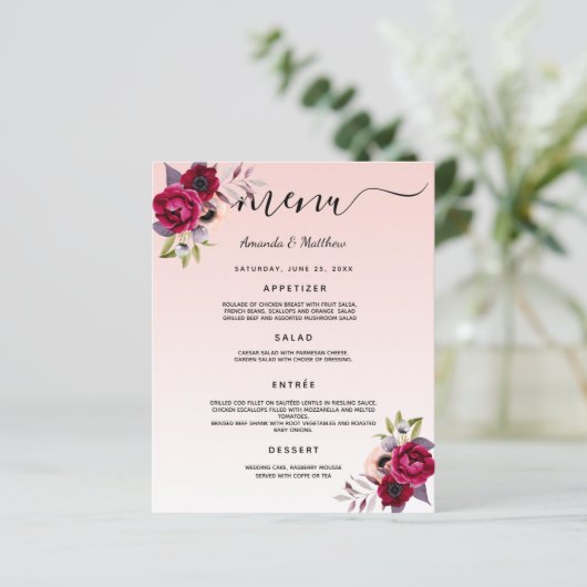 のメニュ結婚ー赤面ピンクのローズ金ゴールドバーガンディ花模様 (スタンド正面)