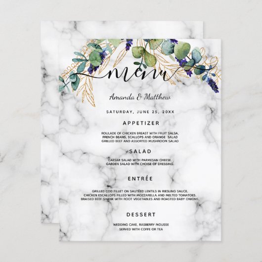 のメニュ結婚ーeucalyptus緑の大理石金ゴールド (正面/裏面)