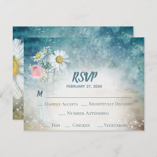 *~*のメーソンジャーの花の素朴な水彩画の結婚式 出欠カード (正面/裏面)