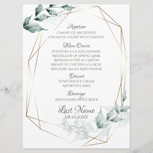 のメ結婚ニュー |グレー表示のジェードグリーン植物学メニュー メニュー (正面)