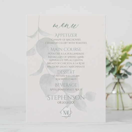 のメ結婚ニュー | Silver Sage Eucalyptus Monogram メニュー (スタンド正面)