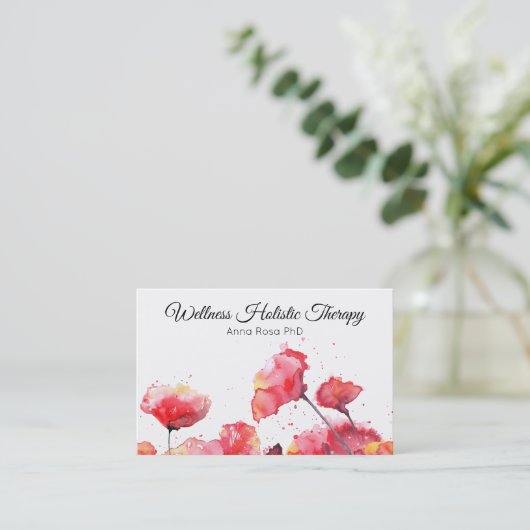 *~*のモダンな花の赤いケシの花の水彩画 名刺 (スタンド正面)