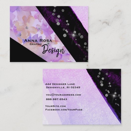 *~*のモダンな花柄の抽象芸術のグリッターの幾何学的な黒 名刺 (正面/裏面)